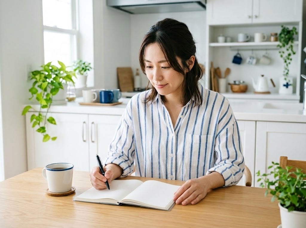 家のテーブルでノートに予定を書く女性